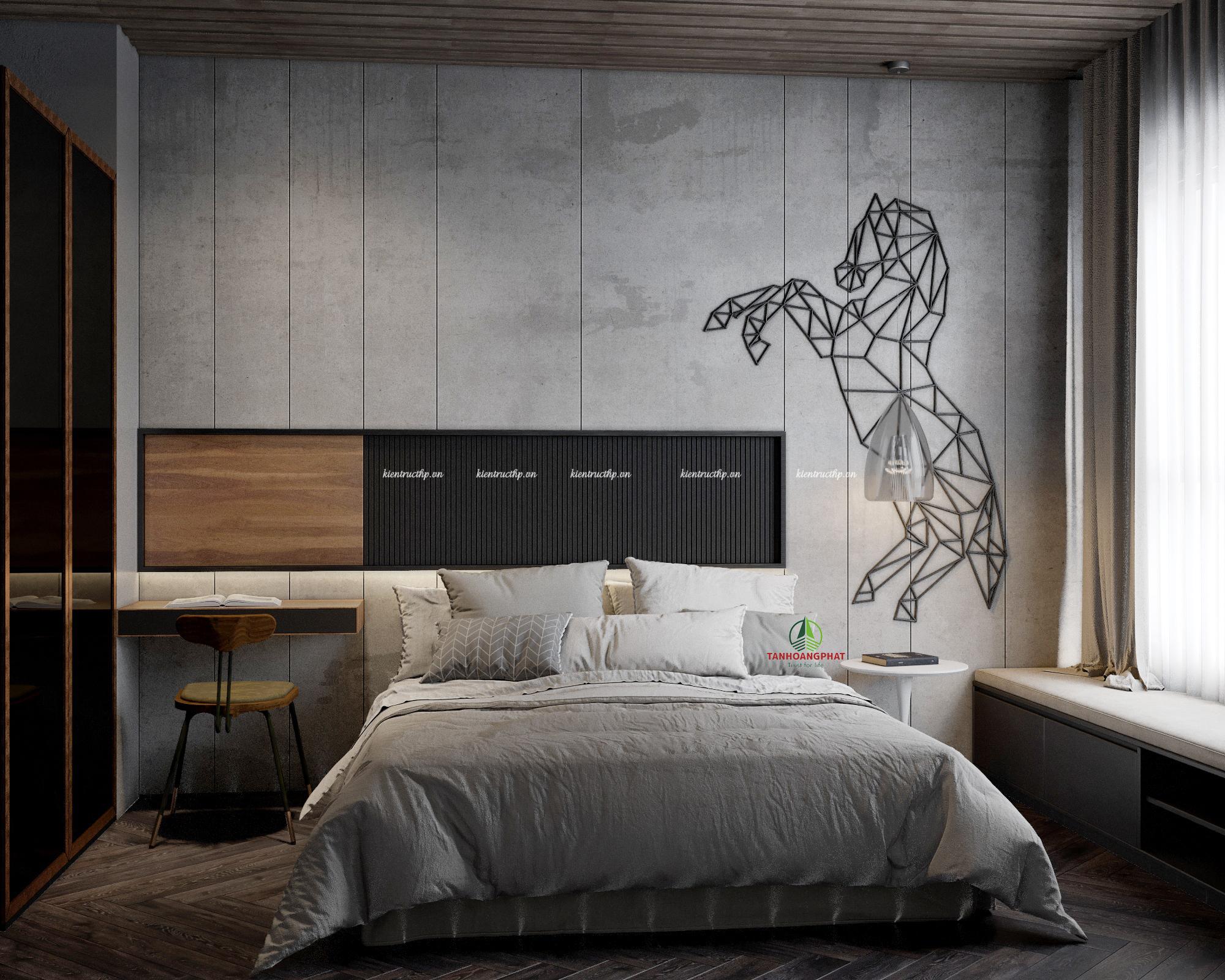 phòng ngủ được thiết kế nội thất theo phong cách công nghiệp
